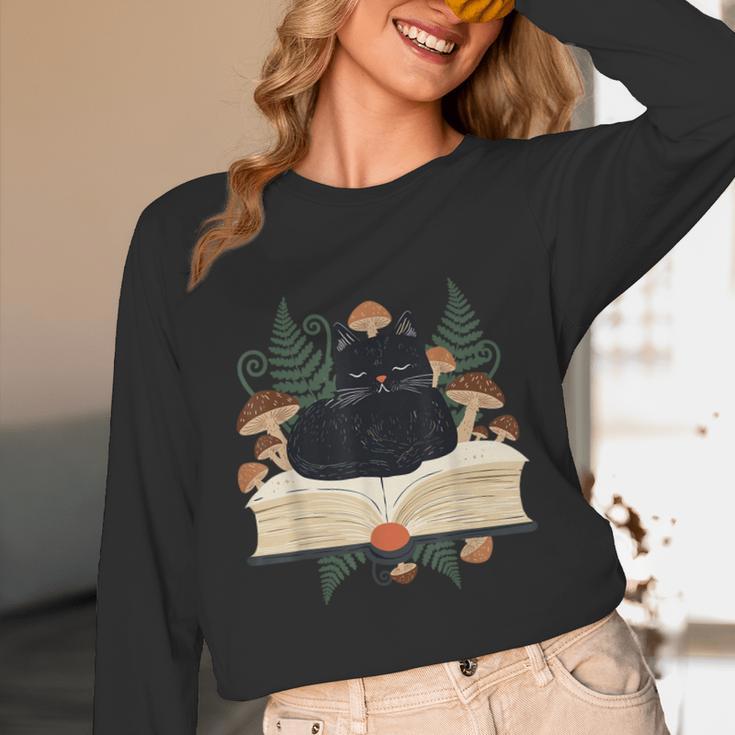 Cat On Open Book Mushrooms Ferns Dark Academia Unisex Long Sleeve T-Shirt