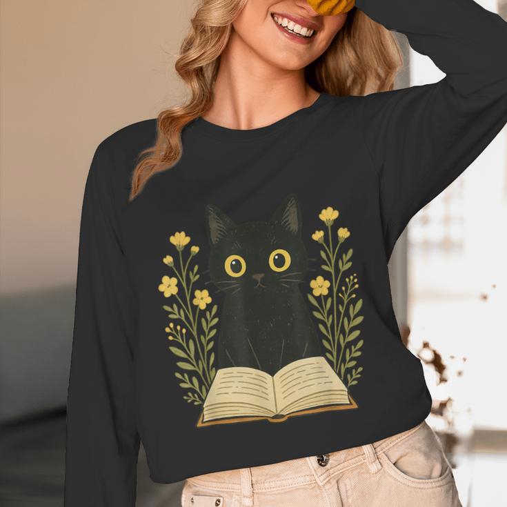 Cat Reading Book Flowers Unisex Long Sleeve T-Shirt