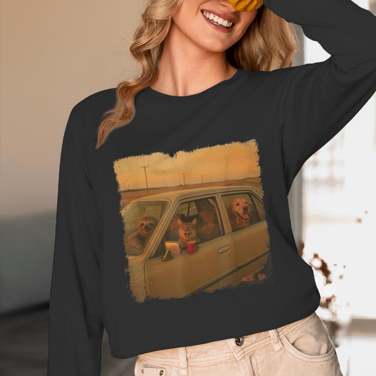 Cat Sloth Dog Retro Nostalgia Roadtrip Photo Unisex Long Sleeve T-Shirt Cat Sloth Dog Retro Nostalgia Roadtrip Photo Unisex Long Sleeve T-Shirt