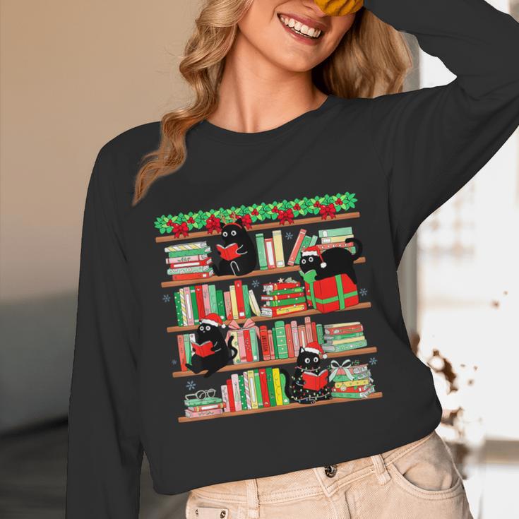 Christmas Cat Santa Bookshelves Book Lover Reader Unisex Long Sleeve T-Shirt