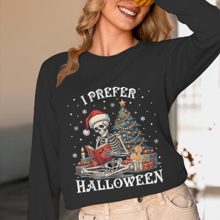 Christmas Outfit I Prefer Halloween Book Reading Skeleton Unisex Long Sleeve T-Shirt