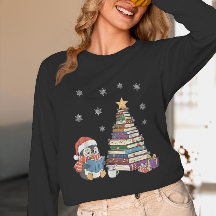 Christmas A Penguin Reading Book Snowflake Cocoa Hot Teacher Unisex Long Sleeve T-Shirt