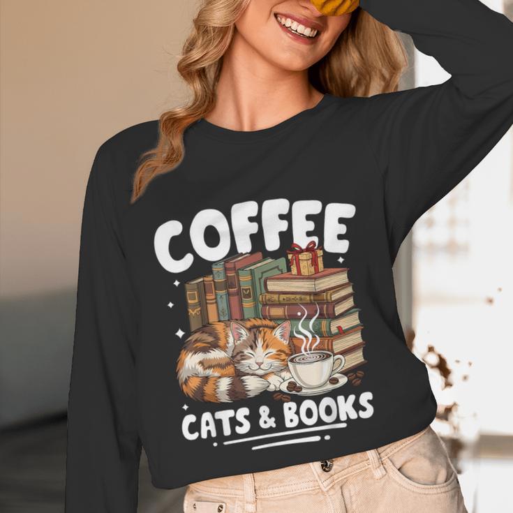 Coffee Cats And Books Cats And Reading Lovers Unisex Long Sleeve T-Shirt