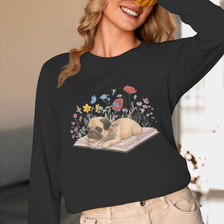 Color Floral Cute Pug Dog On Book Reading Bookworm Reader Unisex Long Sleeve T-Shirt