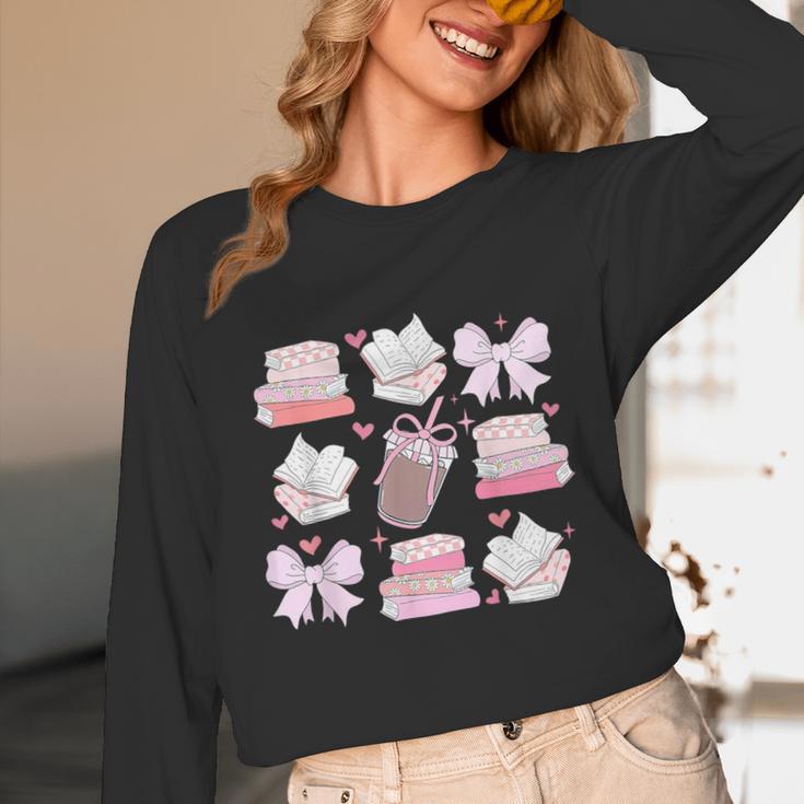 Coquette Bow Book Coffee Valentines Bookish Library Teacher Unisex Long Sleeve T-Shirt