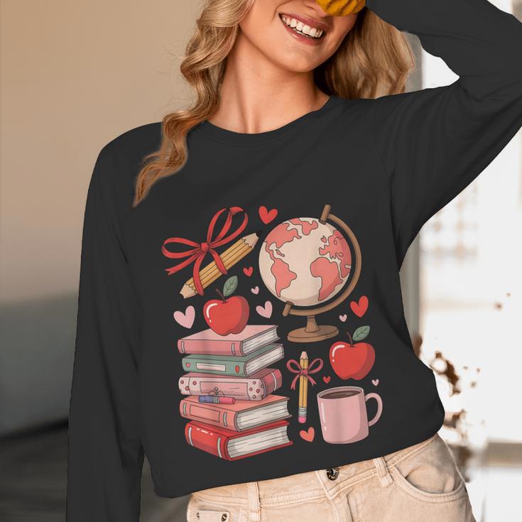 Coquette Teacher School Supplies Bows Books Globe Apple Cute Unisex Long Sleeve T-Shirt
