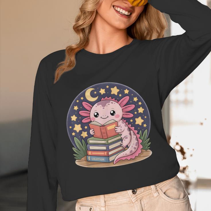 Cute Axolotl Reading Books Cozy Night Aesthetic Unisex Long Sleeve T-Shirt