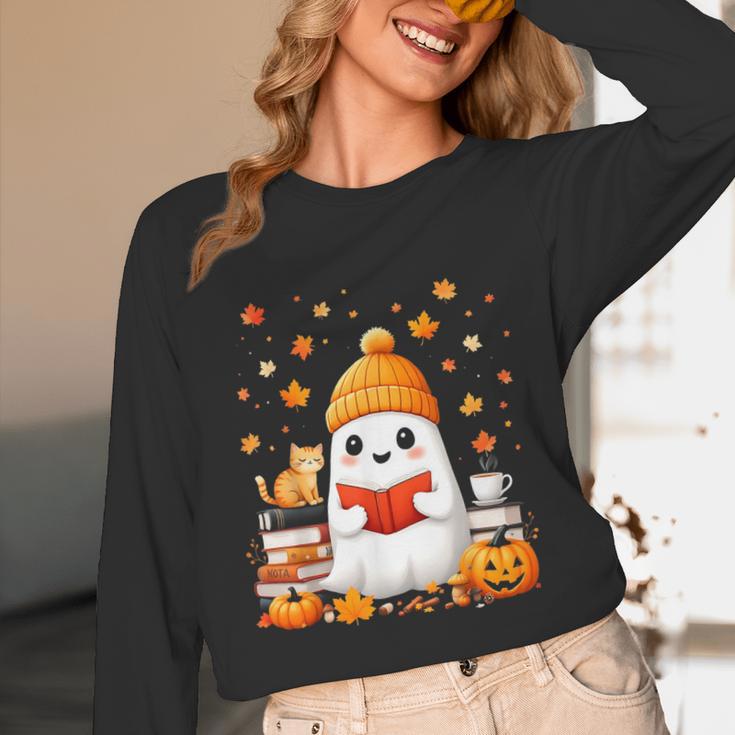 Cute Beanie Ghost Bookworm Cozy Book Reading Halloween Unisex Long Sleeve T-Shirt