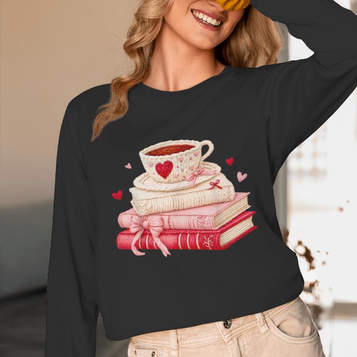Cute Books And Coffee Crochet Valentines Day Tee For Couples Unisex Long Sleeve T-Shirt