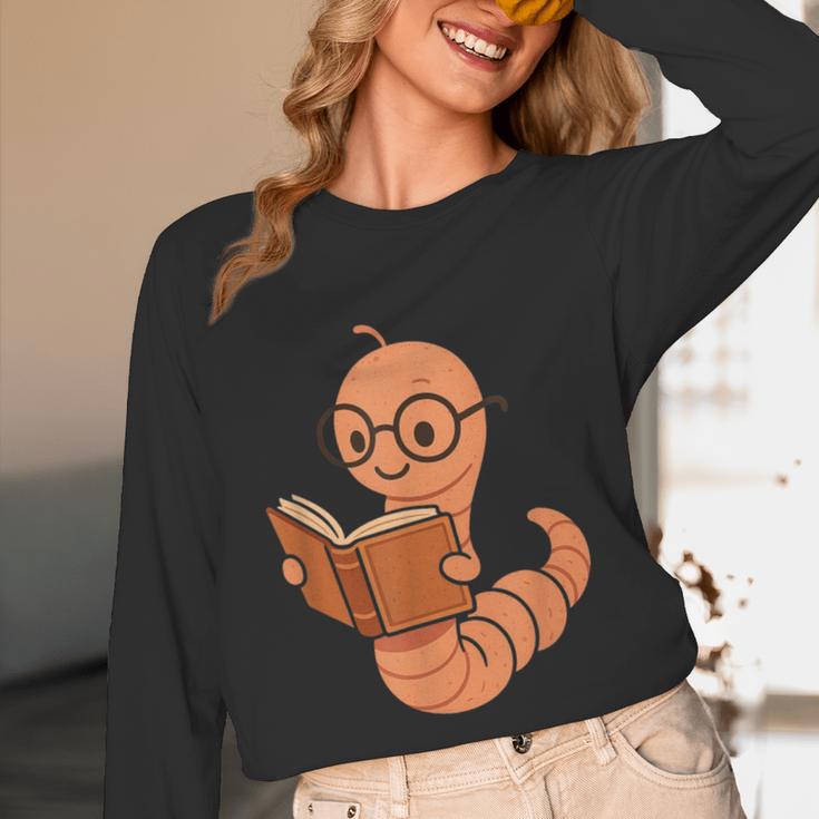 Cute Bookworm Worm Reading Book Glasses Nerdy Unisex Long Sleeve T-Shirt