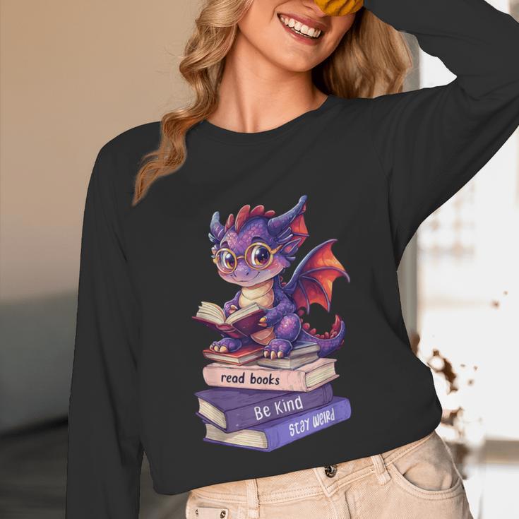 Cute Dragon Read Books Be Kind Stay Weird Book Lover Unisex Long Sleeve T-Shirt