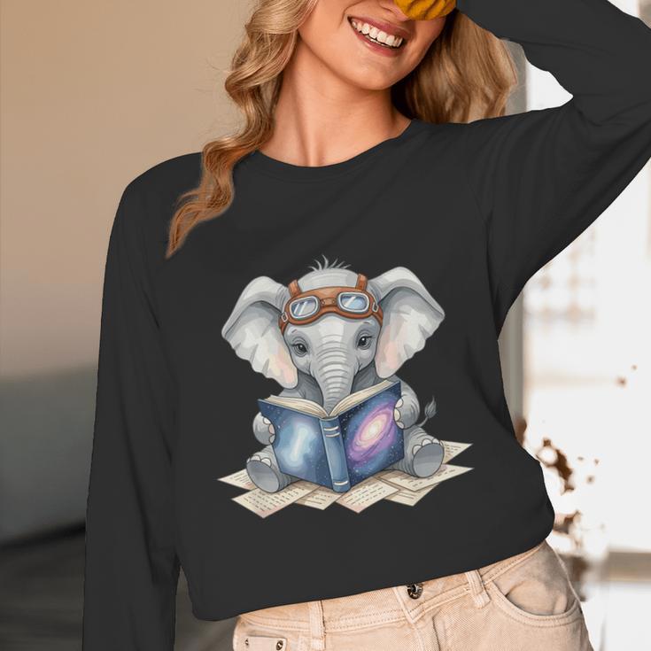 Cute Elephant Reading Universe Book Unisex Long Sleeve T-Shirt