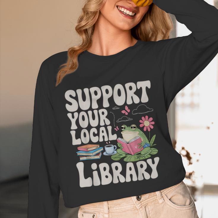 Cute Frog Support Your Local Library Librarian Book Lover Unisex Long Sleeve T-Shirt