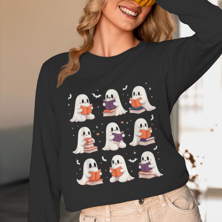 Cute Ghost Reading Book Lovers Halloween Ghost Unisex Long Sleeve T-Shirt