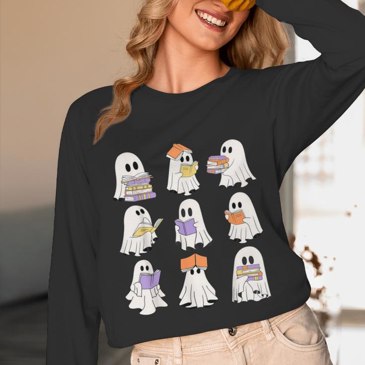Cute Ghost Reading Books Teacher Halloween Reading Men Women Kids Unisex Long Sleeve T-Shirt