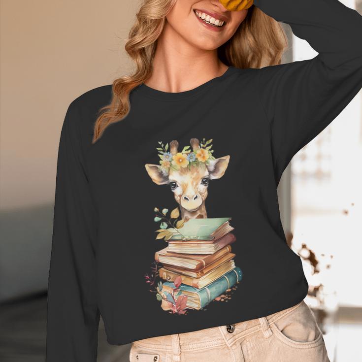Cute Giraffe With Book Floral Bookworm Librarian Book Lover Unisex Long Sleeve T-Shirt