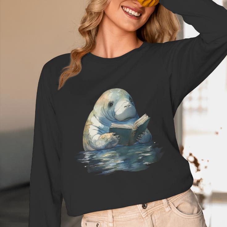 Cute Manatee Reading Book Bookworm Readers Manatee Lover Unisex Long Sleeve T-Shirt