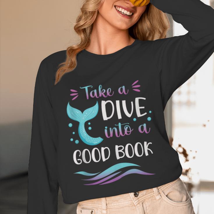 Cute Mermaid Librarian Teacher Dive Into A Good Book Reading Unisex Long Sleeve T-Shirt