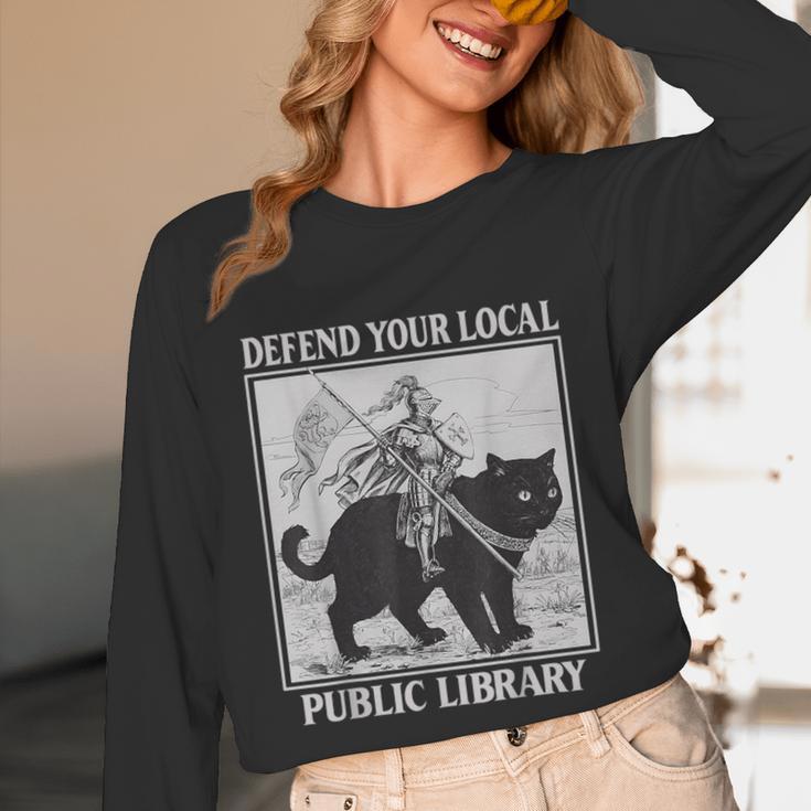 Defend Your Local Library Knight Cat Rider Book Lover Unisex Long Sleeve T-Shirt