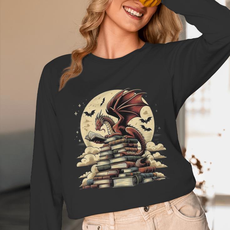 Dragon Reading a Book Dragons And Books Lover Bookworm Unisex Long Sleeve T-Shirt