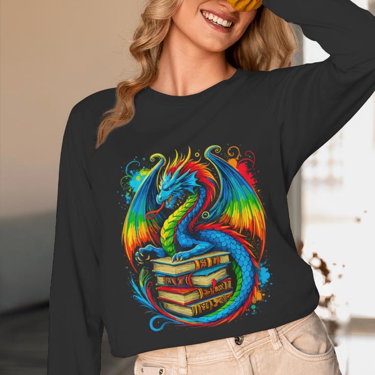 Dragon Reading Colorful Fantasy Book Lover Unisex Long Sleeve T-Shirt
