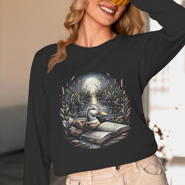 Duck Reading Book Full Moon Lake Scenery Unisex Long Sleeve T-Shirt Duck Reading Book Full Moon Lake Scenery Unisex Long Sleeve T-Shirt