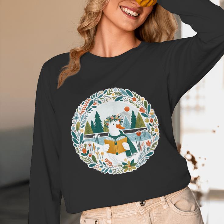 Duck Wilderness Book Reading Illustration Floral Unisex Long Sleeve T-Shirt