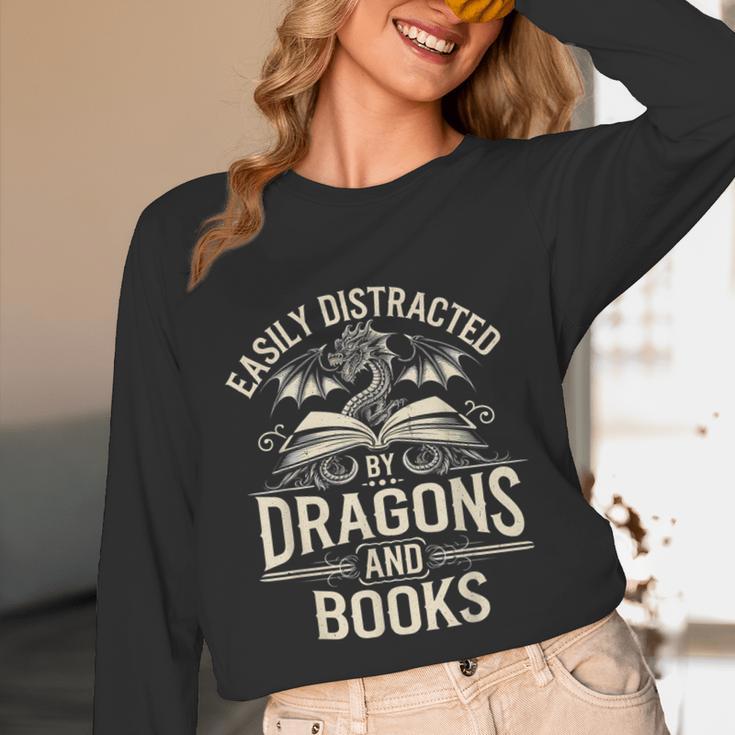 Easily Distracted By Books & Dragons Bookworm Reading Unisex Long Sleeve T-Shirt