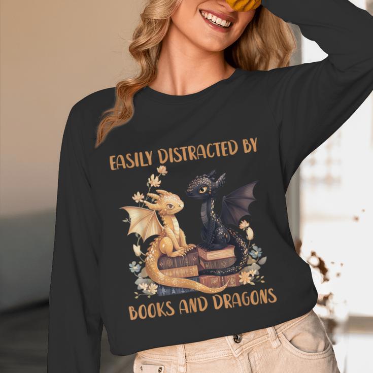Easily Distracted By Books & Dragons Librarian Book Lover Unisex Long Sleeve T-Shirt