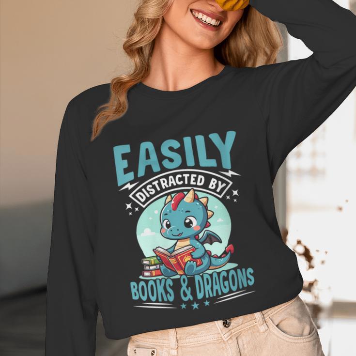 Easily Distracted By Books And Dragons Nerds Unisex Long Sleeve T-Shirt Easily Distracted By Books And Dragons Nerds Unisex Long Sleeve T-Shirt