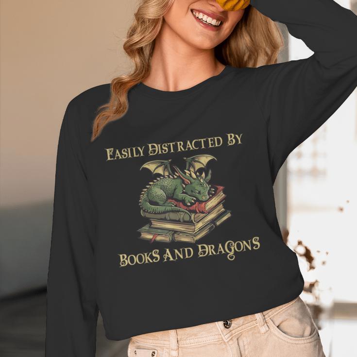 Easily Distracted By Books And Dragons Graphic Unisex Long Sleeve T-Shirt