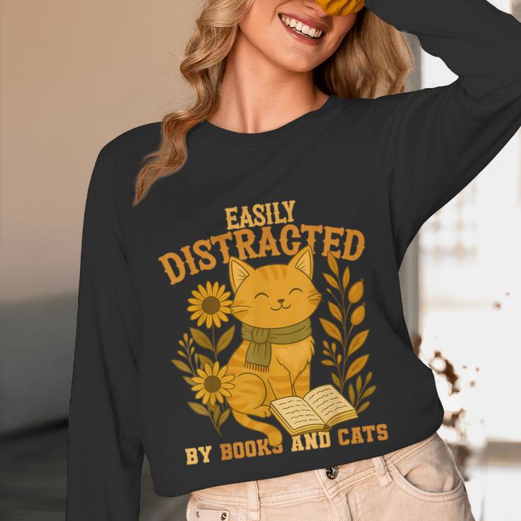 Easily Distracted By Cats And Books Cute Cat Book Lover Unisex Long Sleeve T-Shirt
