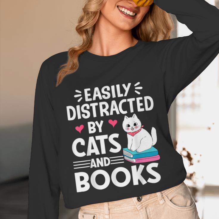 Easily Distracted By Cats And Books Cute Cat And Book Lovers Unisex Long Sleeve T-Shirt