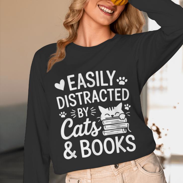 Easily Distracted By Cats And Books Reading Apparel Unisex Long Sleeve T-Shirt