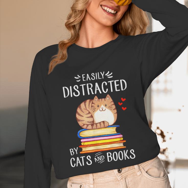 Easily Distracted By Cats And Books Reading Lover Bookish Unisex Long Sleeve T-Shirt