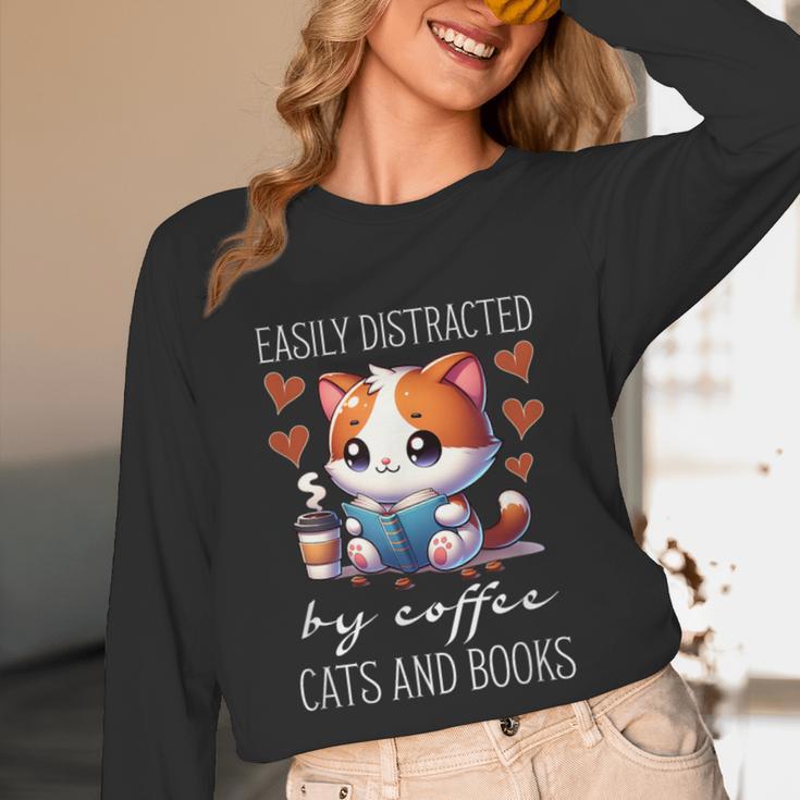 Easily Distracted By Coffee Cats And Books Unisex Long Sleeve T-Shirt