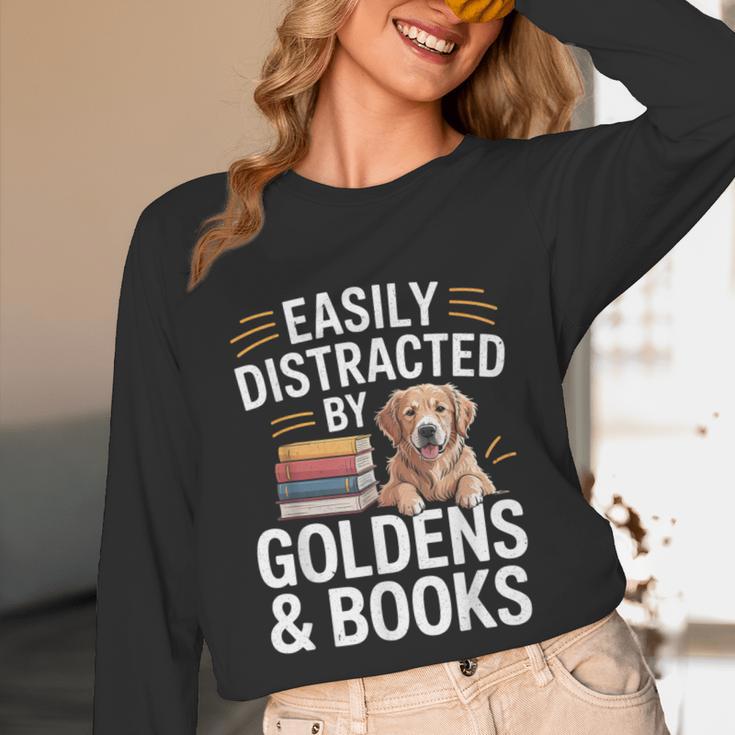 Easily Distracted By Goldens & Books Golden Retriever Dog Unisex Long Sleeve T-Shirt