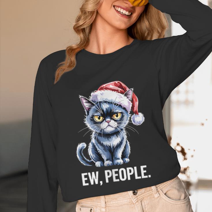 Ew People Christmas Cat Santa Hat Dad Introvert Unisex Long Sleeve T-Shirt