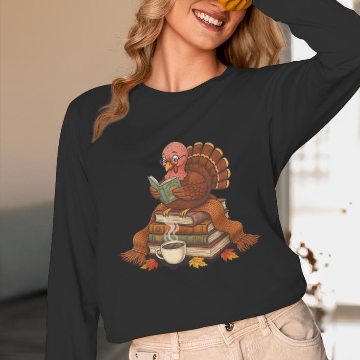 Fall Book Vintage Turkey Thanksgiving Reading Book Lovers Unisex Long Sleeve T-Shirt