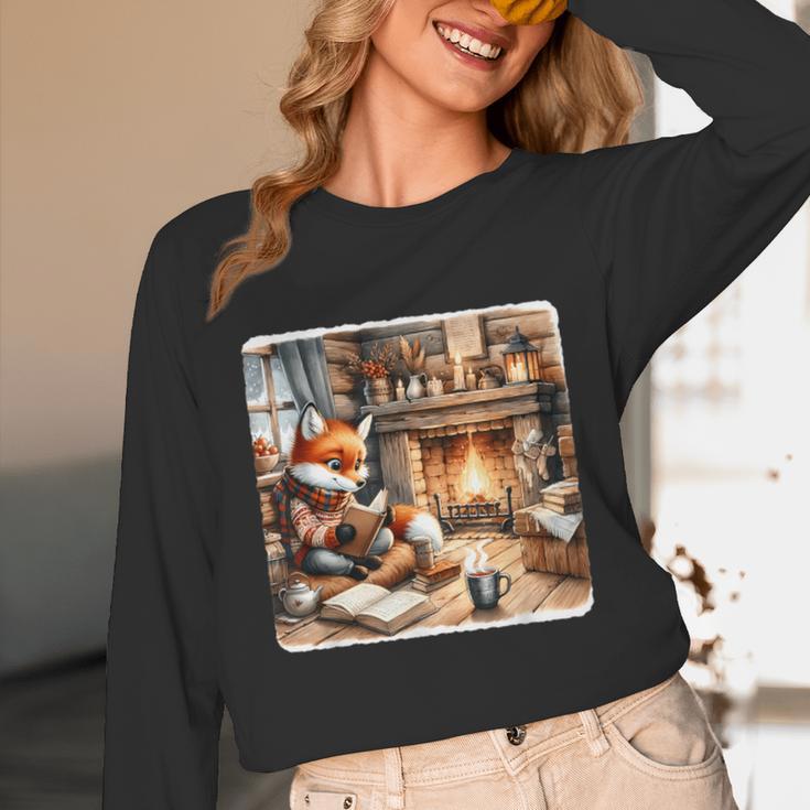 Fox Reads By Fireplace In Cabin Rustic Book Cozy Cup Tea Unisex Long Sleeve T-Shirt Fox Reads By Fireplace In Cabin Rustic Book Cozy Cup Tea Unisex Long Sleeve T-Shirt