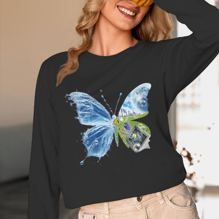 Frutiger Aero Aesthetic Butterfly Computer Fishes Scenery Unisex Long Sleeve T-Shirt