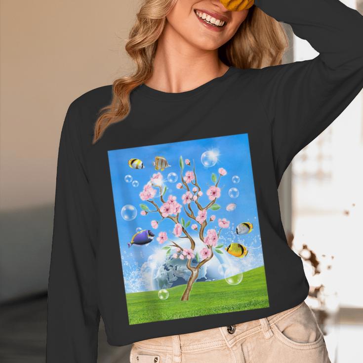 Frutiger Aero Aesthetic Tech Cherry Blossom Fishes Bubbles Unisex Long Sleeve T-Shirt Frutiger Aero Aesthetic Tech Cherry Blossom Fishes Bubbles Unisex Long Sleeve T-Shirt