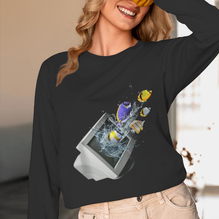 Frutiger Aero Aesthetic Tech Computer Aquarium Fishes Unisex Long Sleeve T-Shirt