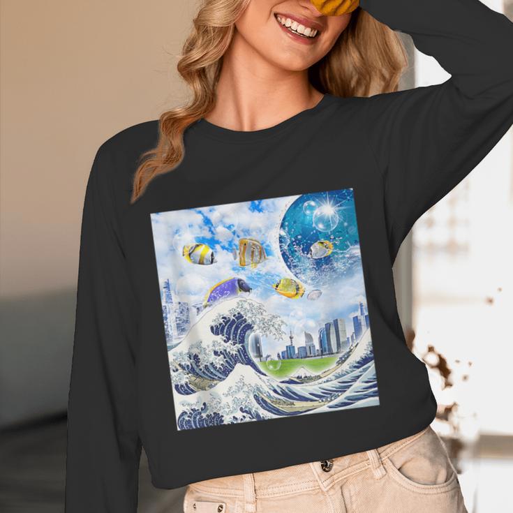 Frutiger Aero Aesthetic Tech Great Wave Of Kanagawa Fishes Unisex Long Sleeve T-Shirt