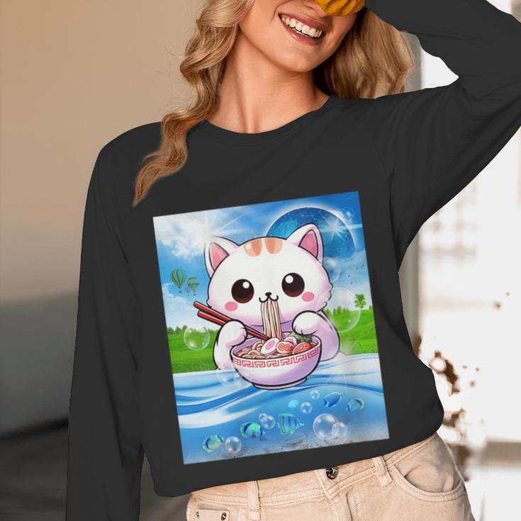 Frutiger Aero Aesthetic Tech Kawaii Ramen Cat Fishes Unisex Long Sleeve T-Shirt