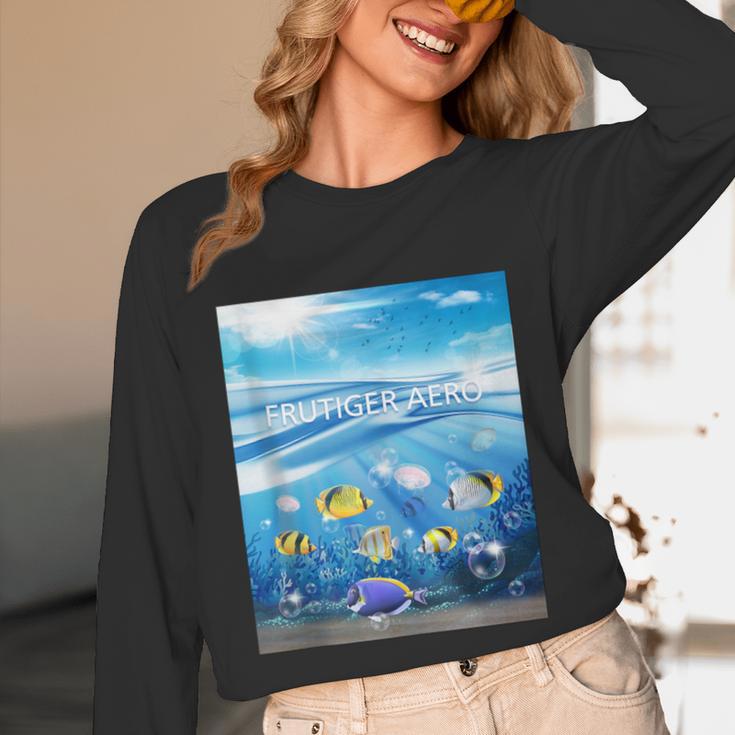 Frutiger Aero Aesthetic Tech Ocean Underwater Fishes Unisex Long Sleeve T-Shirt