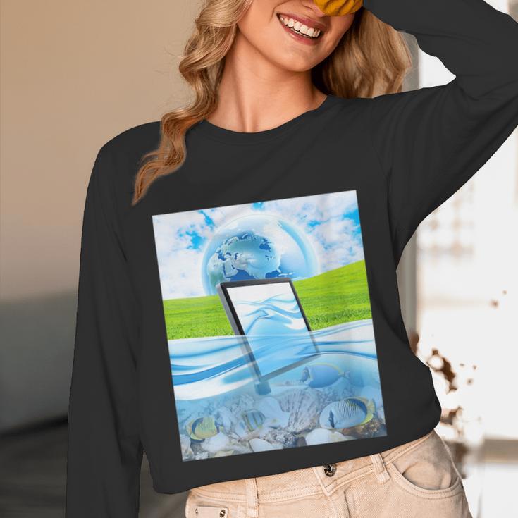Frutiger Aero Aesthetic Tech Water Fishes Monitor Screen Unisex Long Sleeve T-Shirt Frutiger Aero Aesthetic Tech Water Fishes Monitor Screen Unisex Long Sleeve T-Shirt