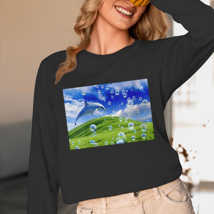 Frutiger Aero Dolphin Meadow Aesthetic Y2k 2000s Ironic Unisex Long Sleeve T-Shirt
