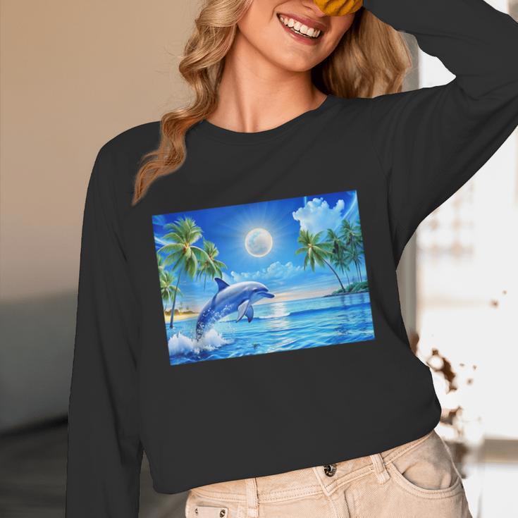 Frutiger Aero Dolphin Sunset Ocean With Palm Trees Y2k Unisex Long Sleeve T-Shirt Frutiger Aero Dolphin Sunset Ocean With Palm Trees Y2k Unisex Long Sleeve T-Shirt