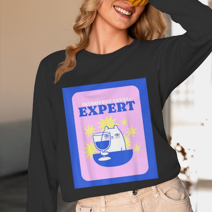 Fun Cute Introvert Cat Character With Wine Unisex Long Sleeve T-Shirt Fun Cute Introvert Cat Character With Wine Unisex Long Sleeve T-Shirt